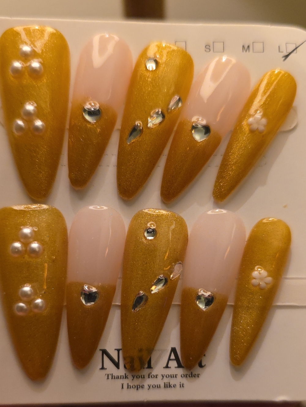 Gold Shimmer Press-On Nail Set with Gem Accents - Size Large